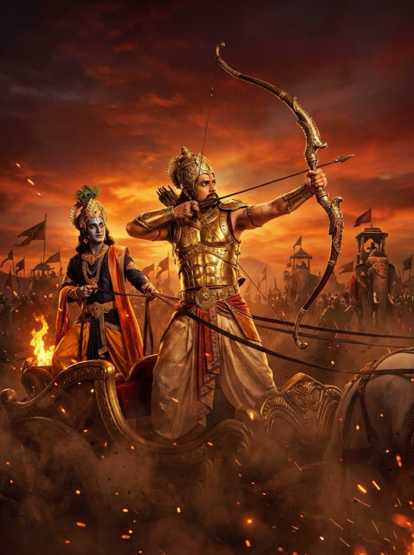 Arjuna draws his bow on a war chariot at Kurukshetra, Krishna at the reins, armies under a burning sky