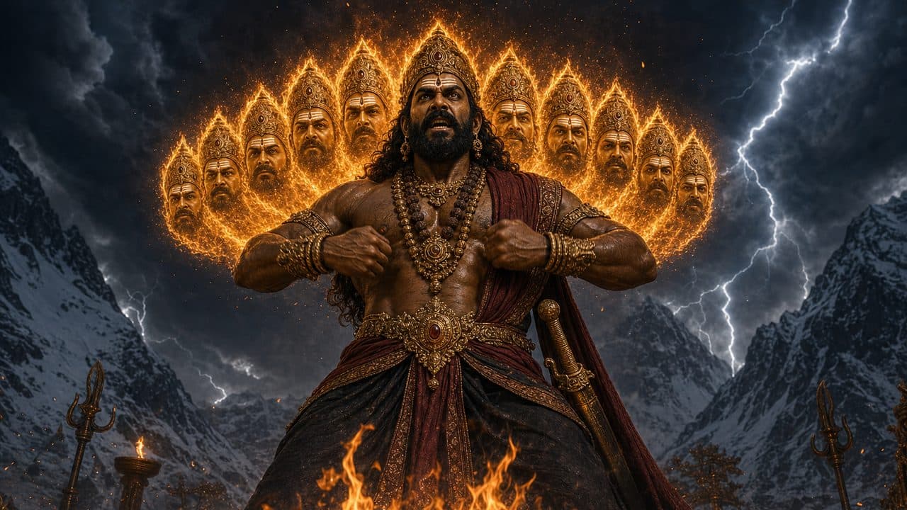 Ravana with ten flaming heads under a lightning sky, a keyframe from Ramayana